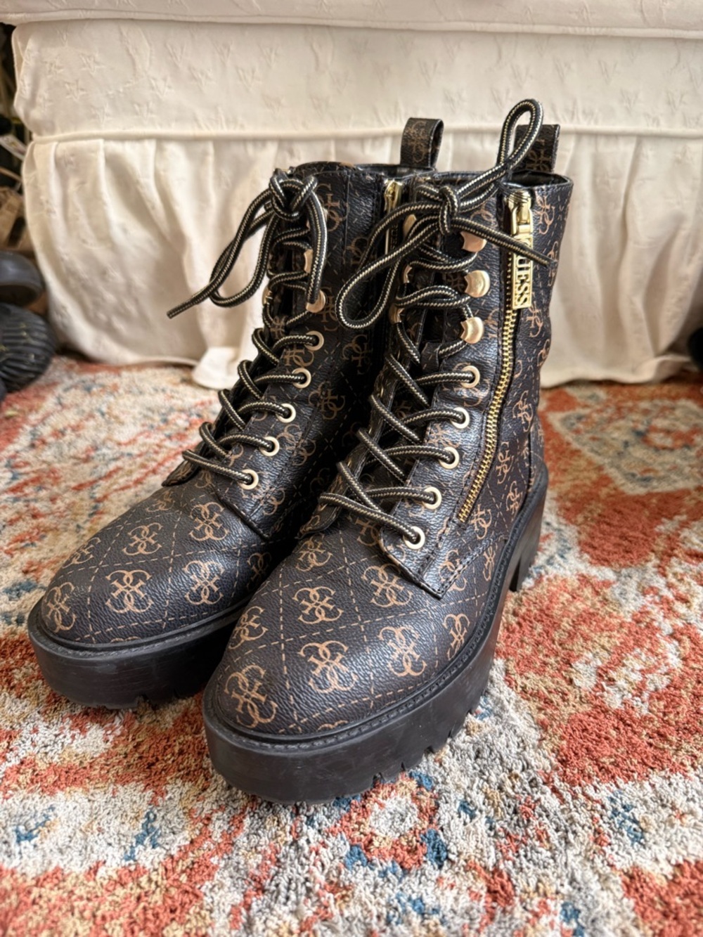 Guess Brown Logo Lace-Up Combat Boots with Gold Hardware